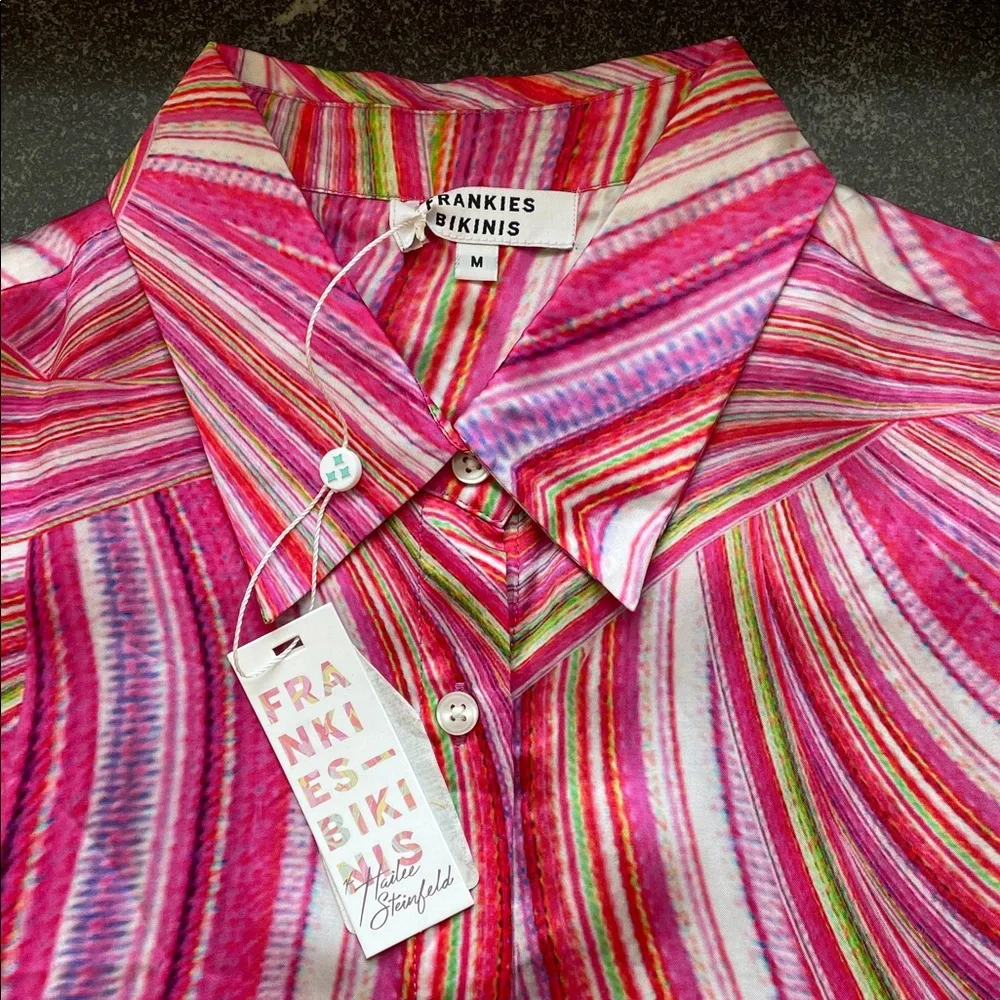 NWT Frankie’s Bikinis Fifi Medium (M) Cover Up/ Button Down Striped Pink Green